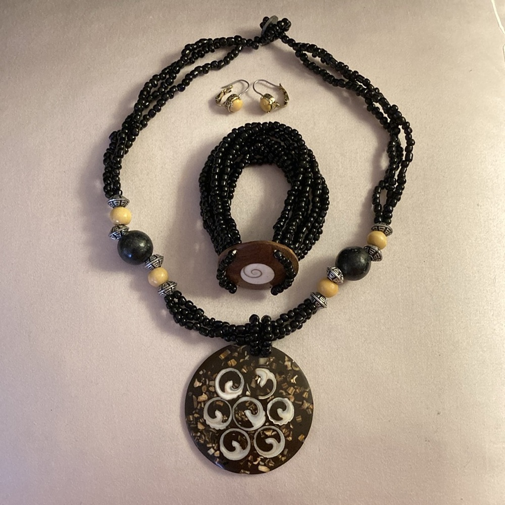 Monkey Wood Brown, Black, Silver & Cream Beaded Necklace, Bracelet Earring Set